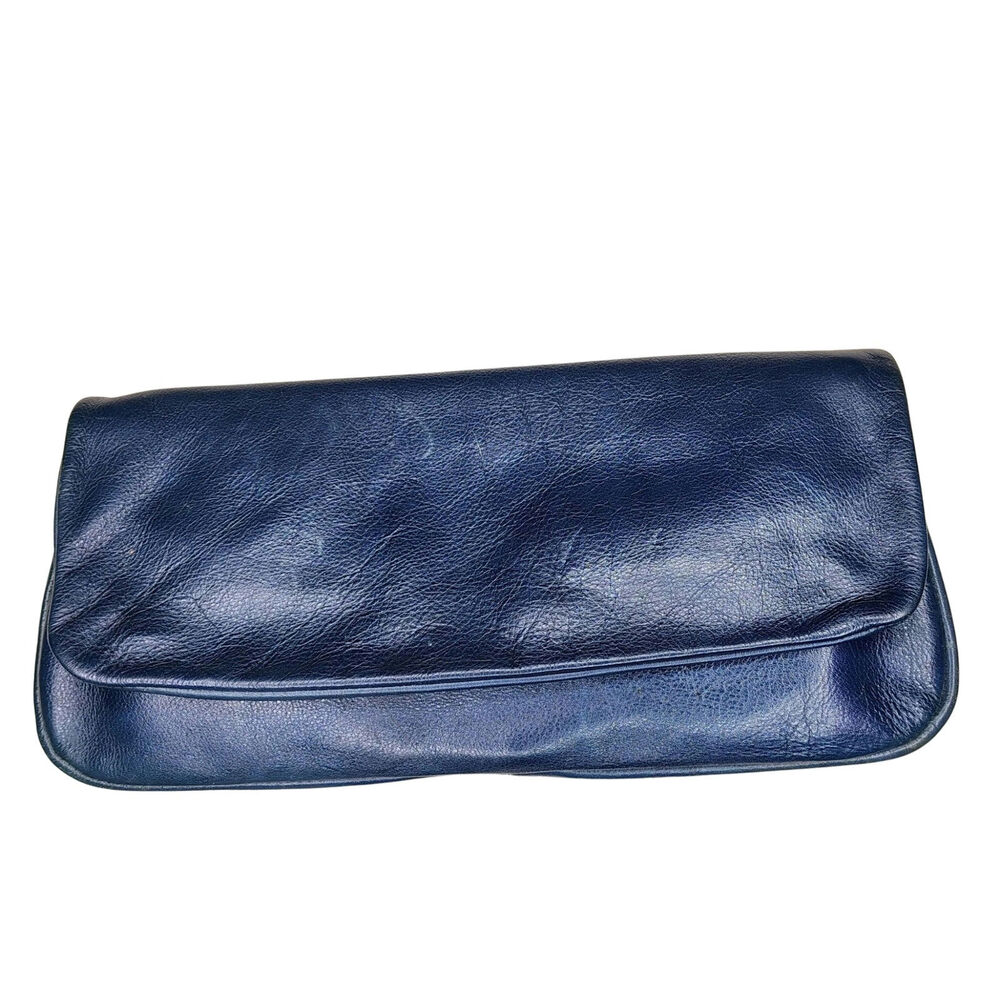 1960s Blue Soft Leather Foldover Clutch Two Long Interior Zipped Pockets Unlined